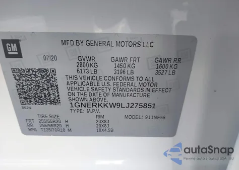 2020 Chevrolet Traverse Fwd Premier из США, поврежденный, VIN 1GNERKKW9LJ275851